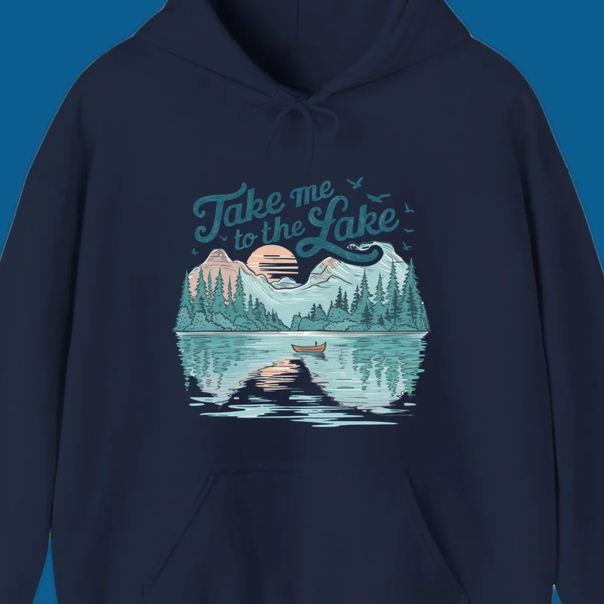 Scenic lake landscape illustration with mountains, trees, rowboat, and text 'Take me to the Lake'.