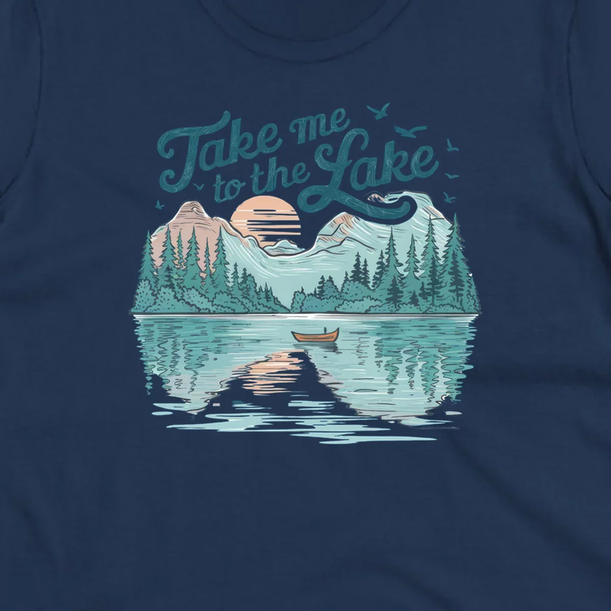 Scenic lake landscape illustration with mountains, trees, rowboat, and text 'Take me to the Lake'.
