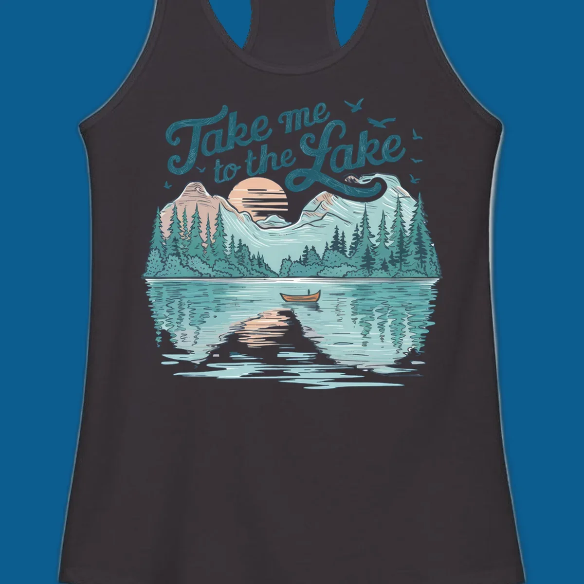 Scenic lake landscape illustration with mountains, trees, rowboat, and text 'Take me to the Lake'.