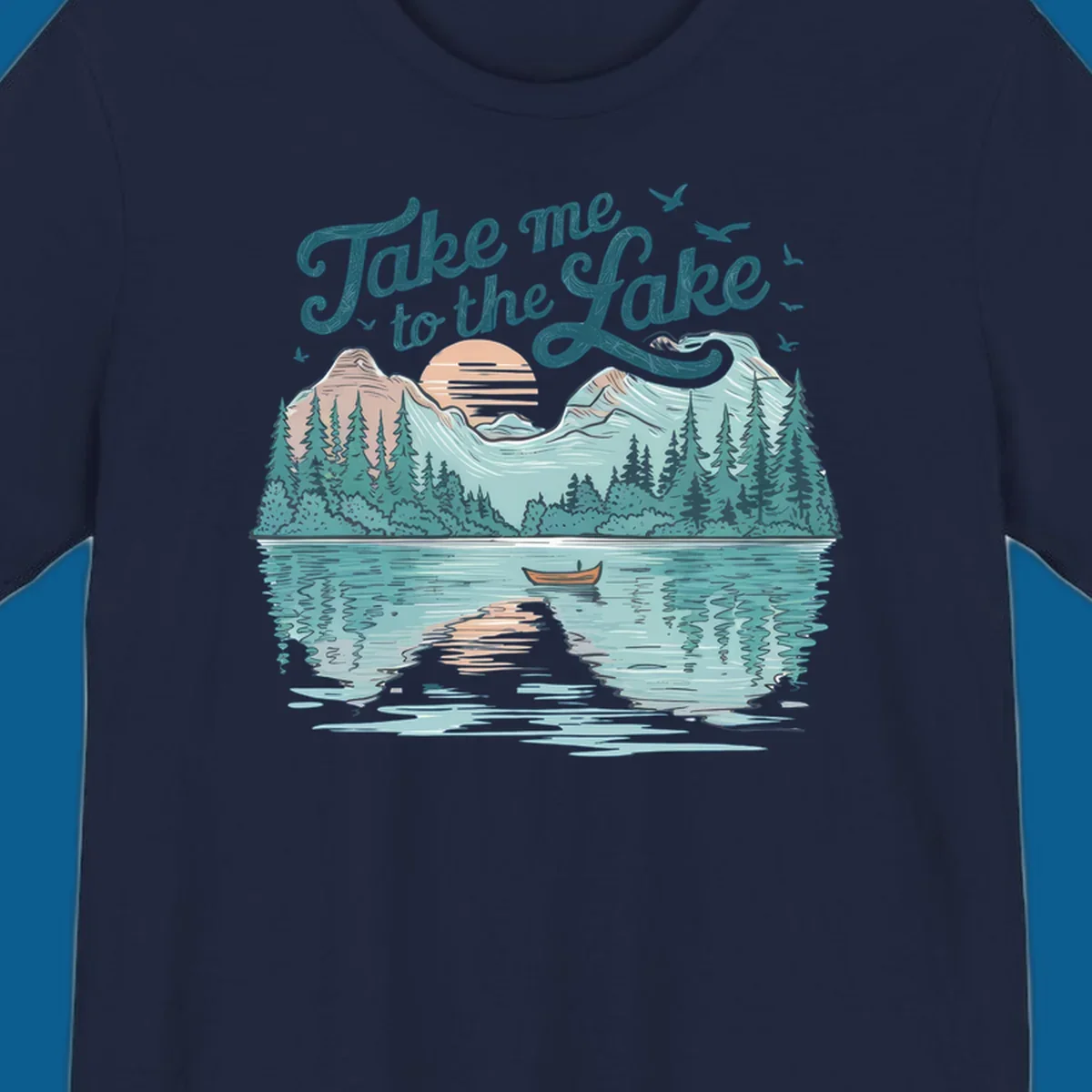 Scenic lake landscape illustration with mountains, trees, rowboat, and text 'Take me to the Lake'.