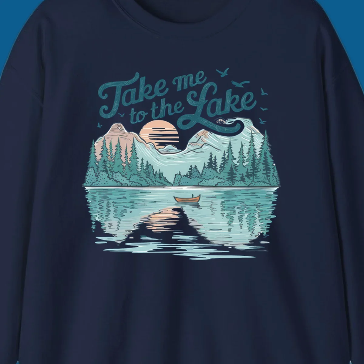 Scenic lake landscape illustration with mountains, trees, rowboat, and text 'Take me to the Lake'.