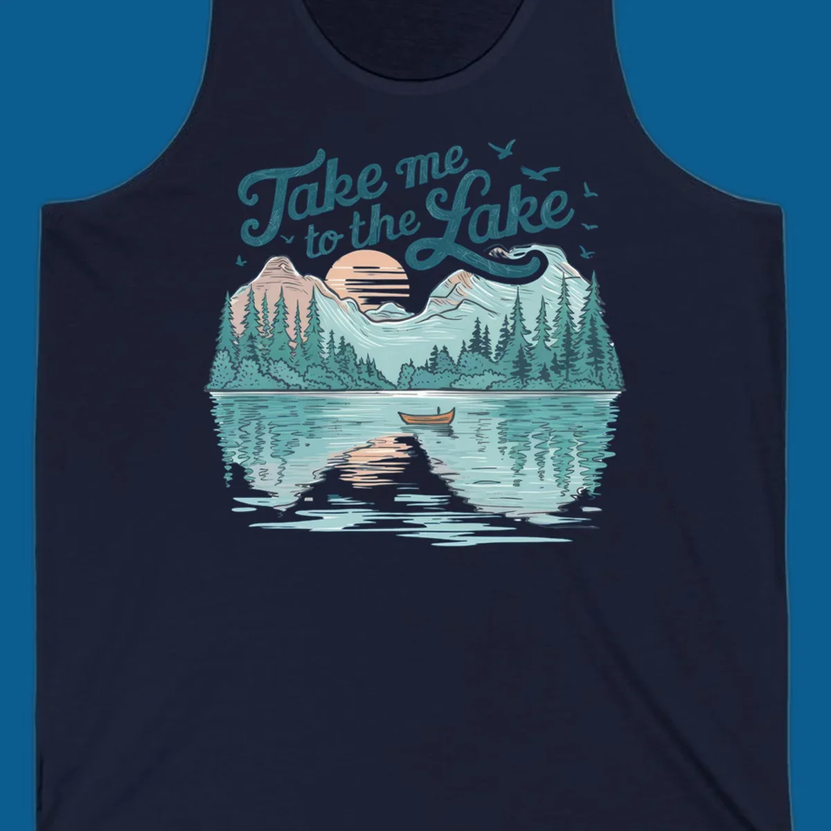 Scenic lake landscape illustration with mountains, trees, rowboat, and text 'Take me to the Lake'.