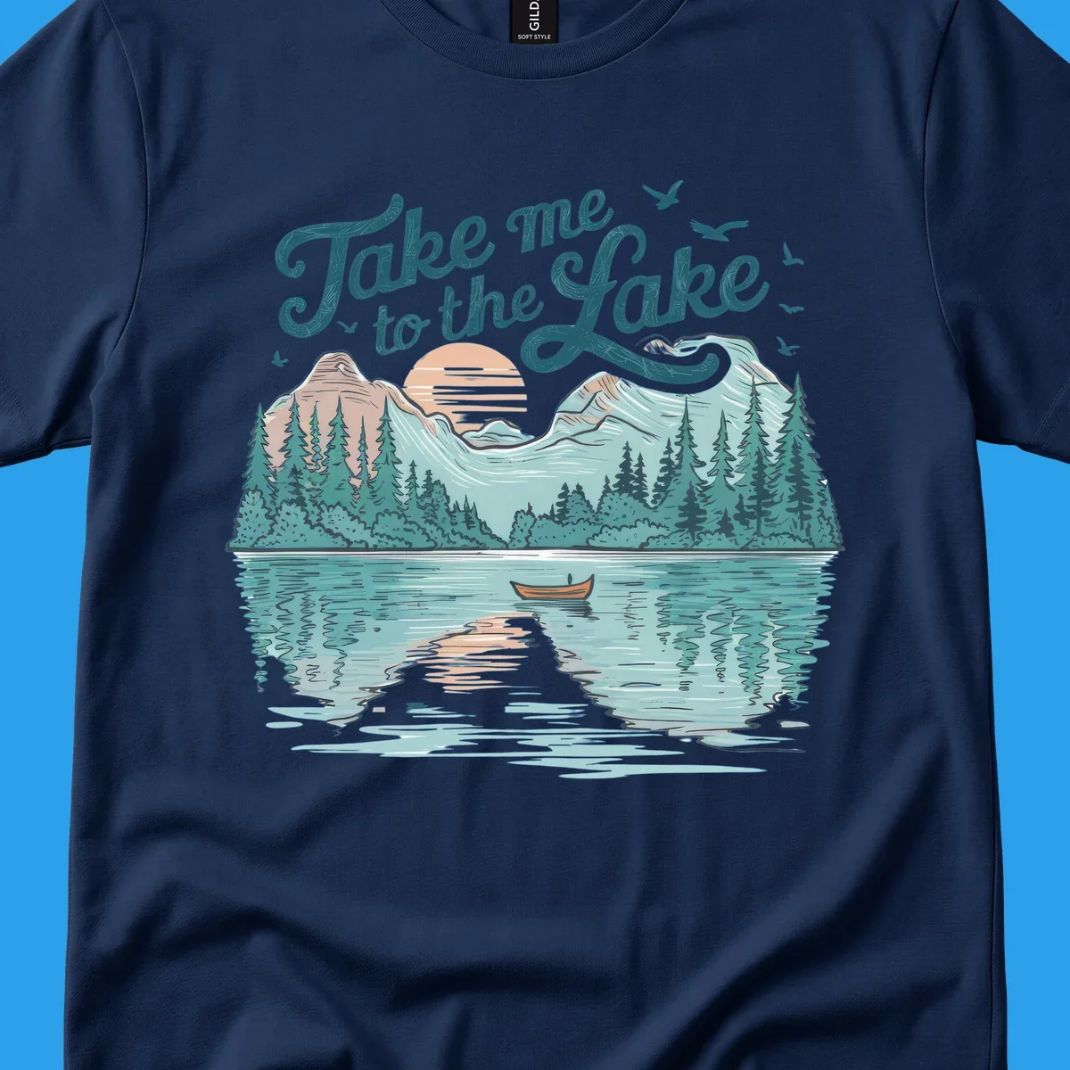 Scenic lake landscape illustration with mountains, trees, rowboat, and text 'Take me to the Lake'.