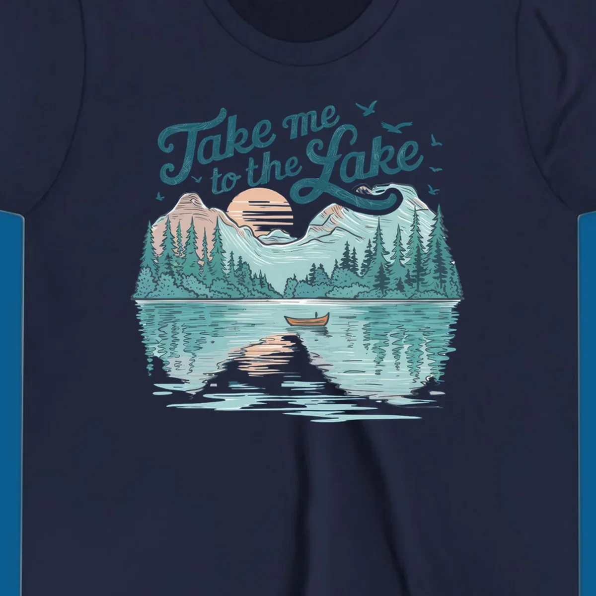 Scenic lake landscape illustration with mountains, trees, rowboat, and text 'Take me to the Lake'.