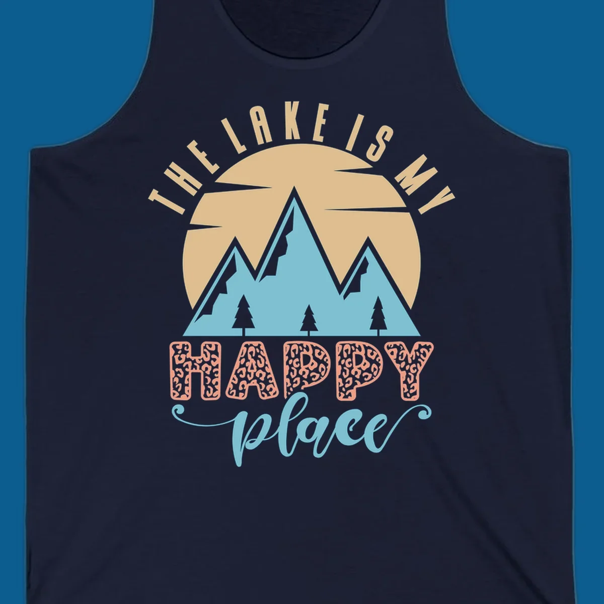Illustration of mountains and sun with text 'The Lake Is My Happy Place' and leopard print.