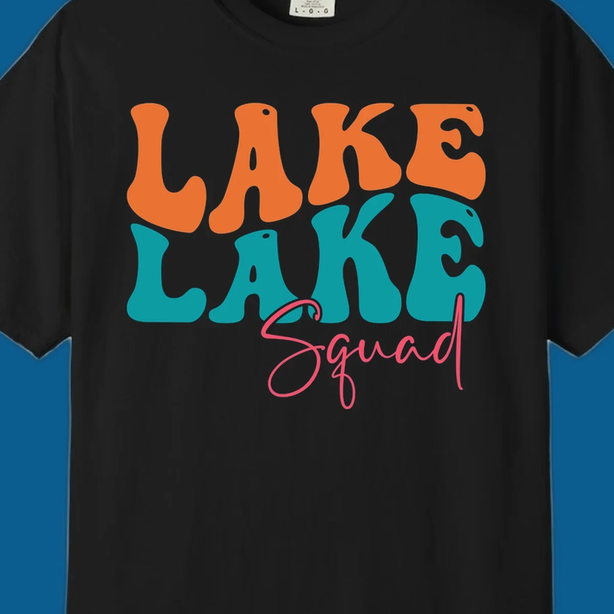 Retro LAKE LAKE Squad text design in orange, teal, and pink.