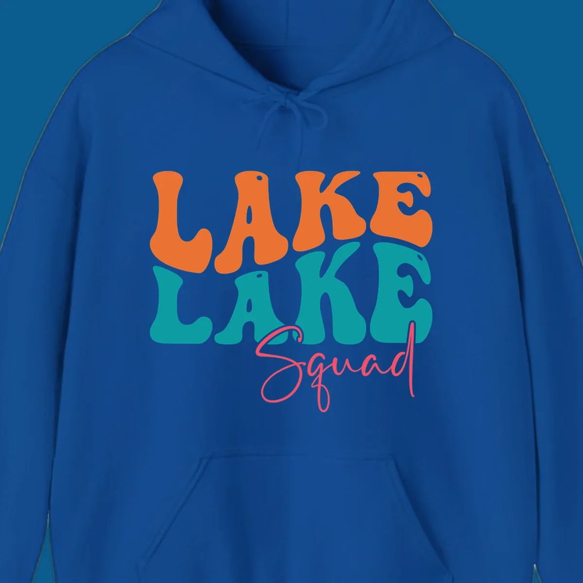 Retro LAKE LAKE Squad text design in orange, teal, and pink.