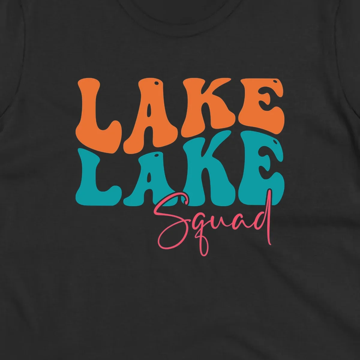 Retro LAKE LAKE Squad text design in orange, teal, and pink.