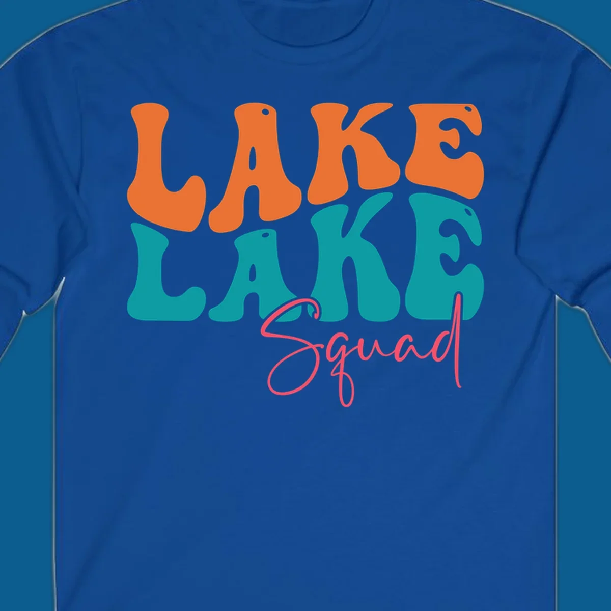 Retro LAKE LAKE Squad text design in orange, teal, and pink.