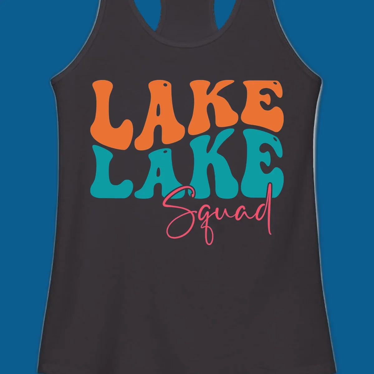 Retro LAKE LAKE Squad text design in orange, teal, and pink.
