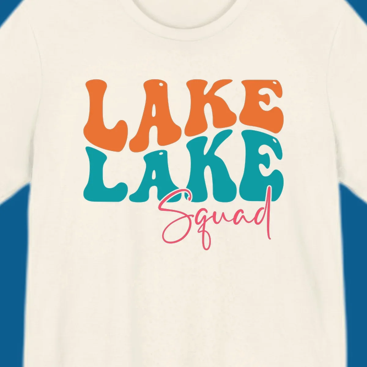 Retro LAKE LAKE Squad text design in orange, teal, and pink.