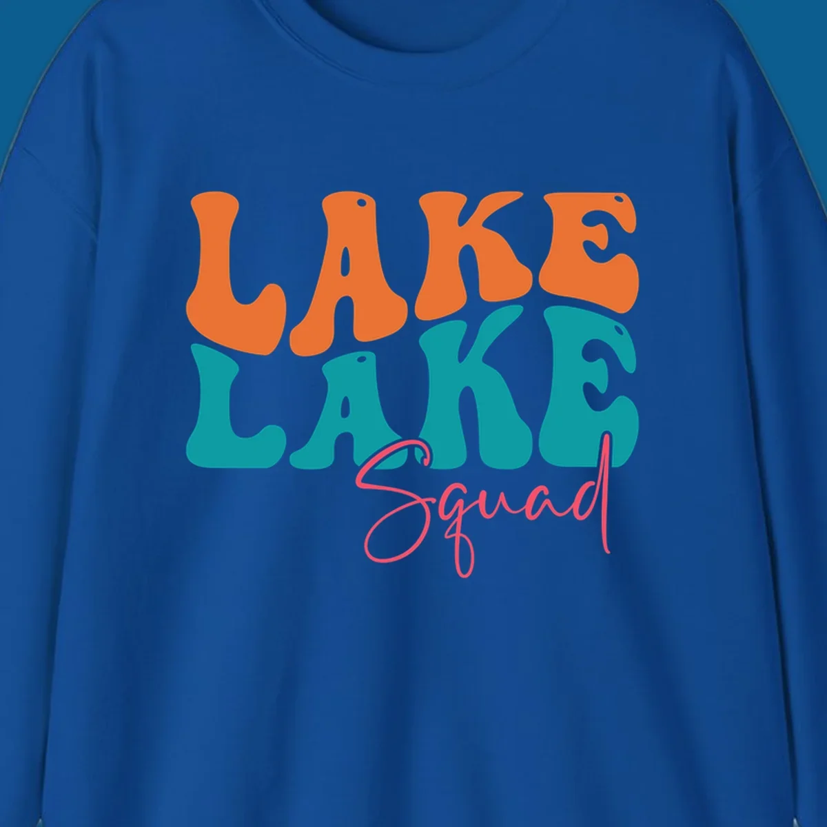 Retro LAKE LAKE Squad text design in orange, teal, and pink.