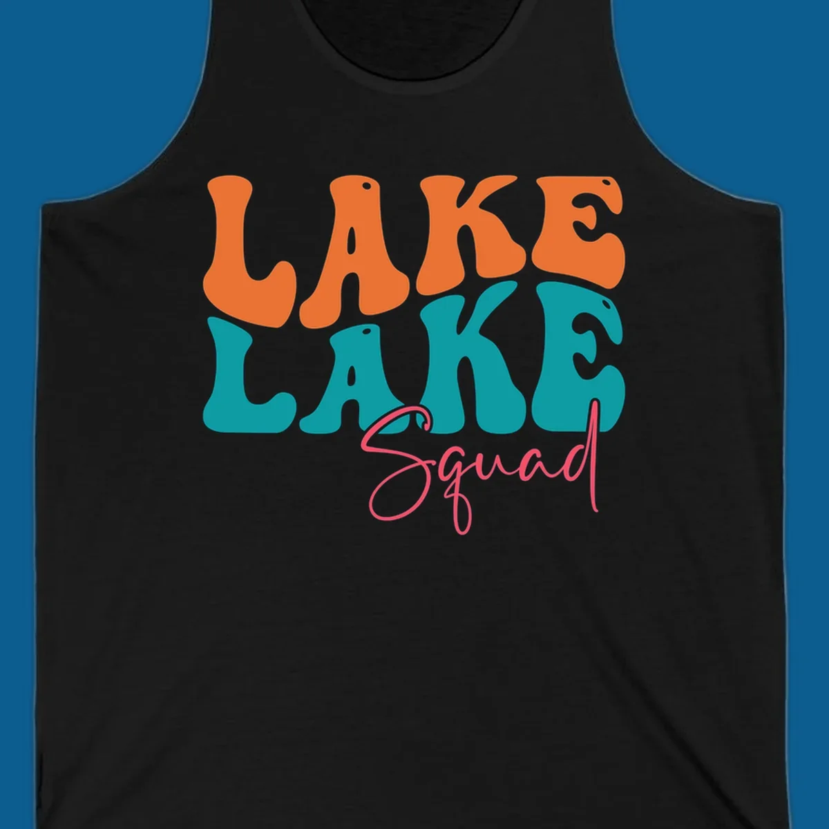 Retro LAKE LAKE Squad text design in orange, teal, and pink.