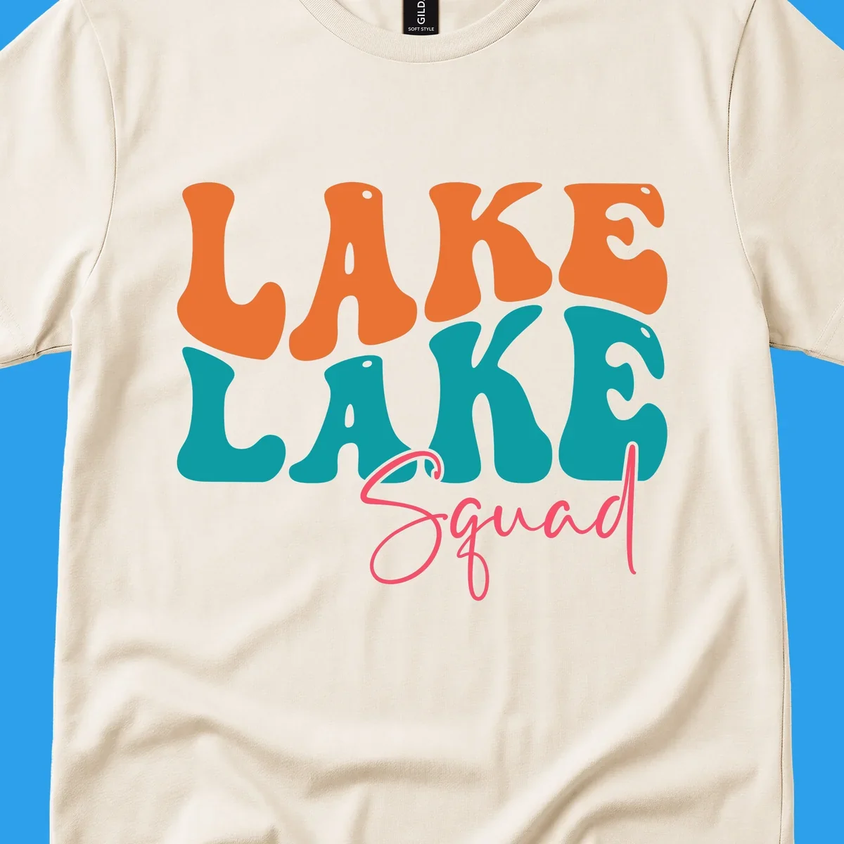 Retro LAKE LAKE Squad text design in orange, teal, and pink.