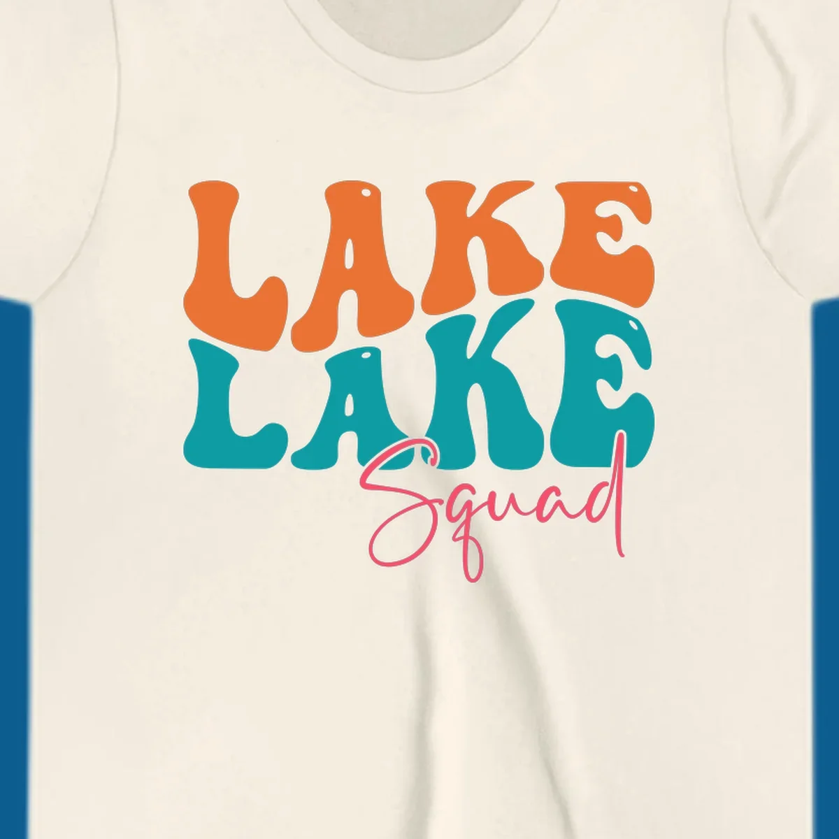 Retro LAKE LAKE Squad text design in orange, teal, and pink.