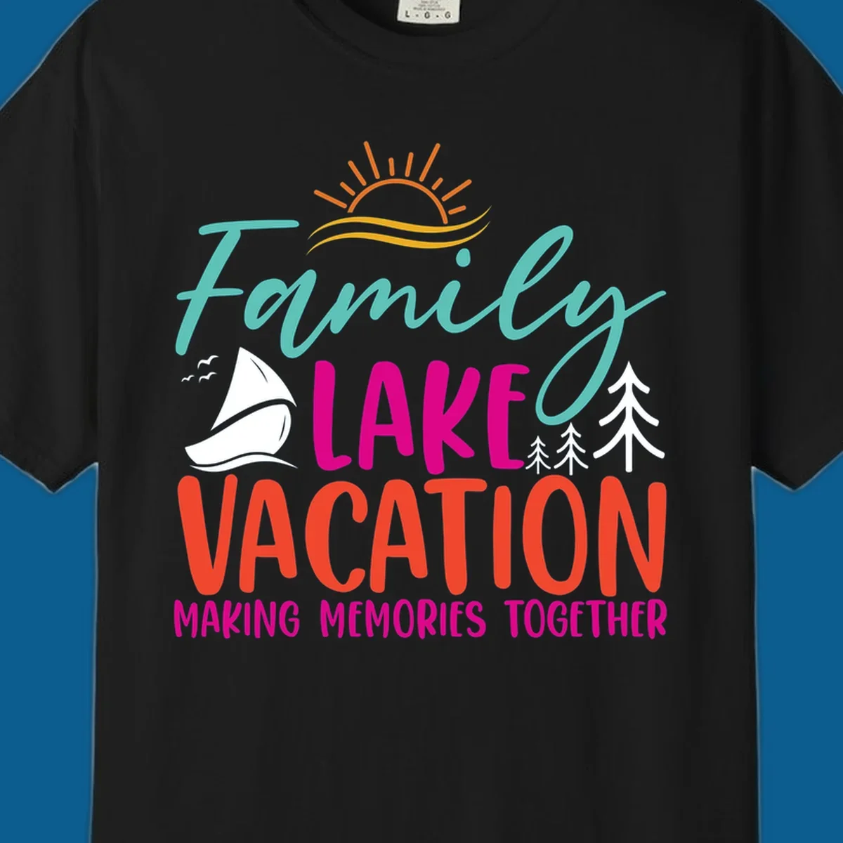 Family lake vacation text with sailboat and sun illustration.