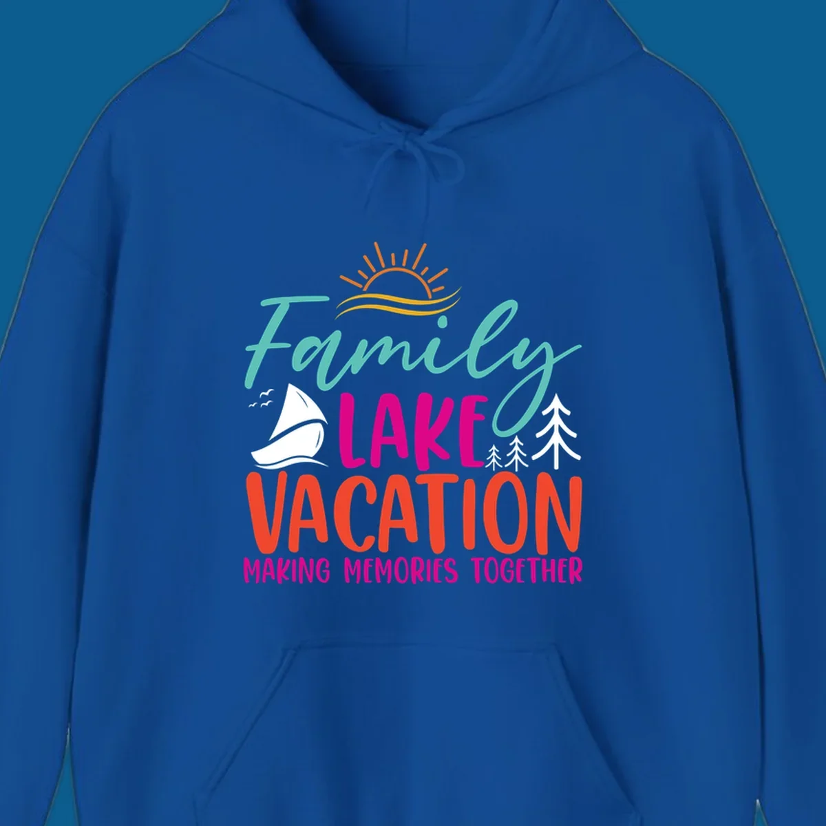 Family lake vacation text with sailboat and sun illustration.