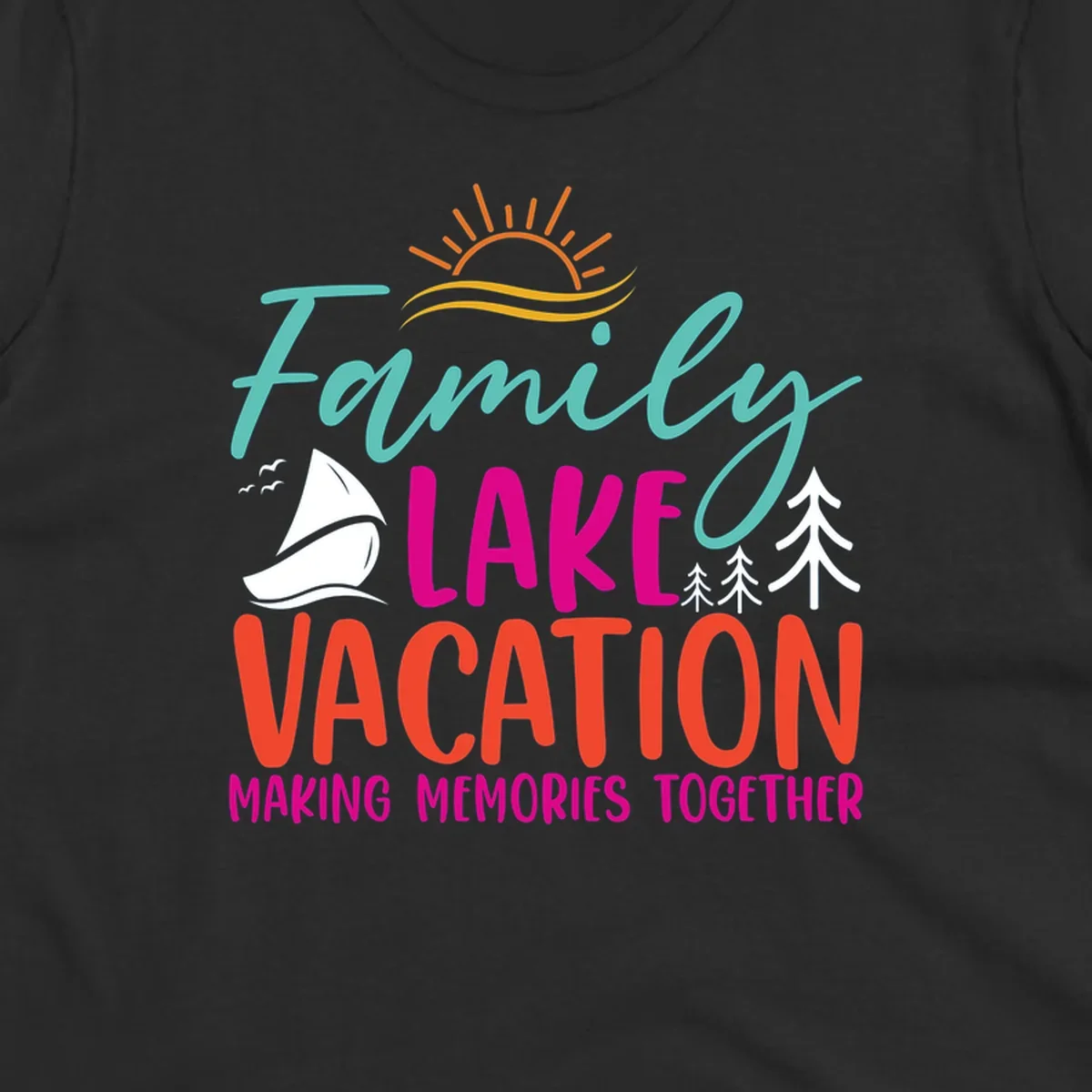 Family lake vacation text with sailboat and sun illustration.