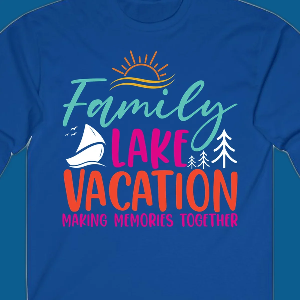 Family lake vacation text with sailboat and sun illustration.