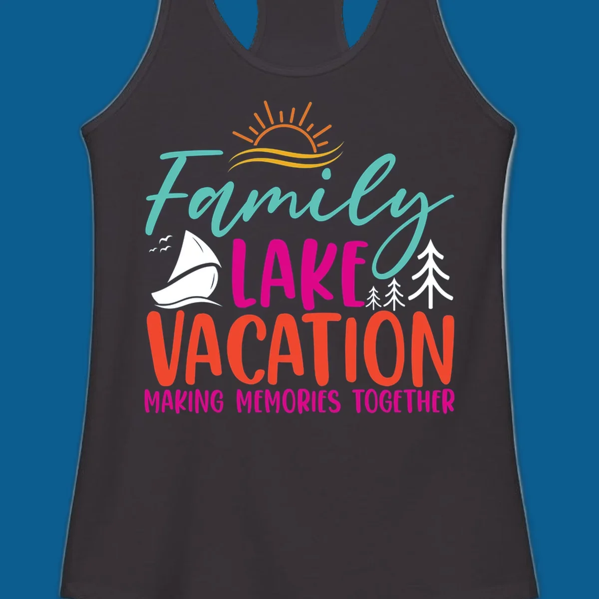 Family lake vacation text with sailboat and sun illustration.