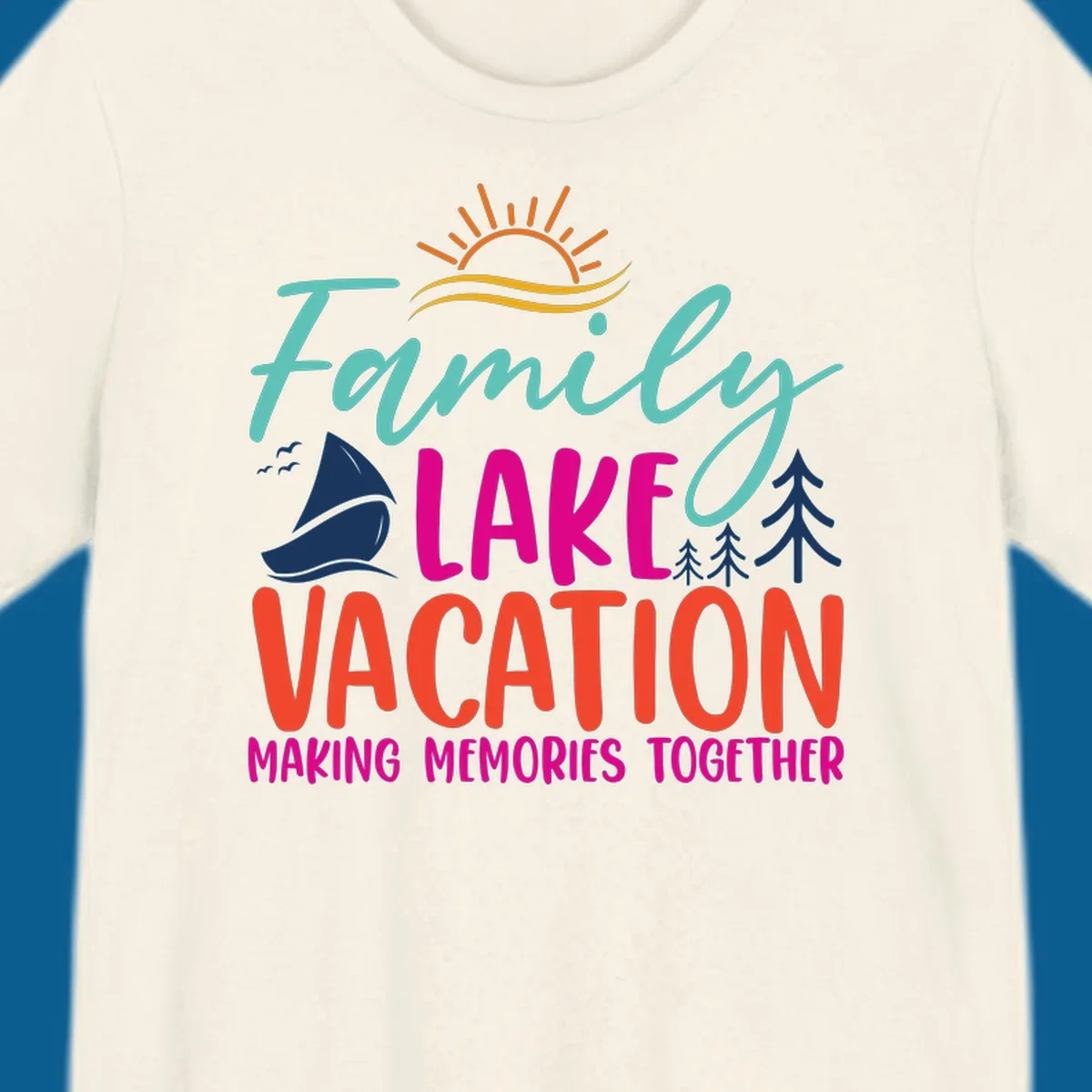 Family lake vacation text with sailboat and sun illustration.