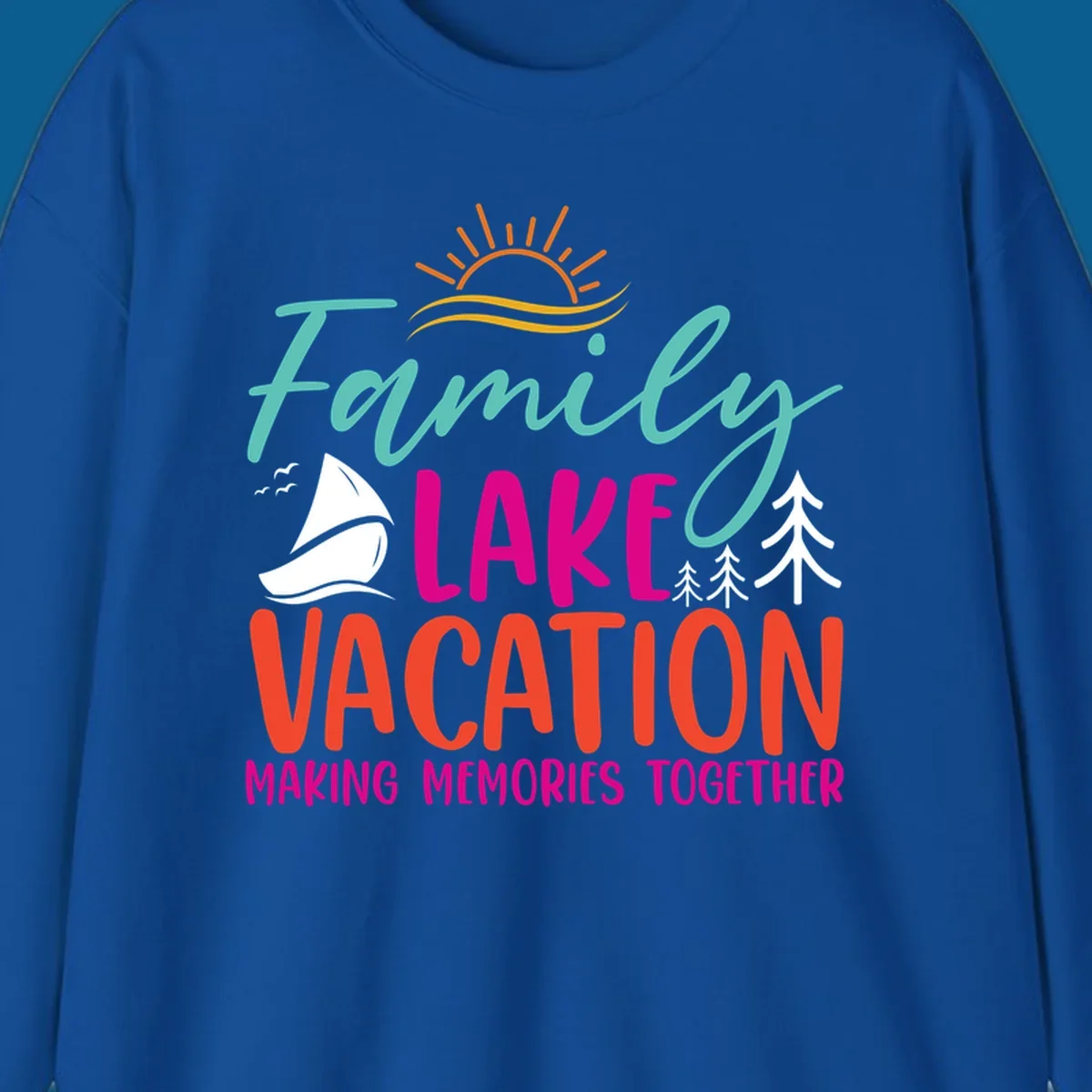 Family lake vacation text with sailboat and sun illustration.