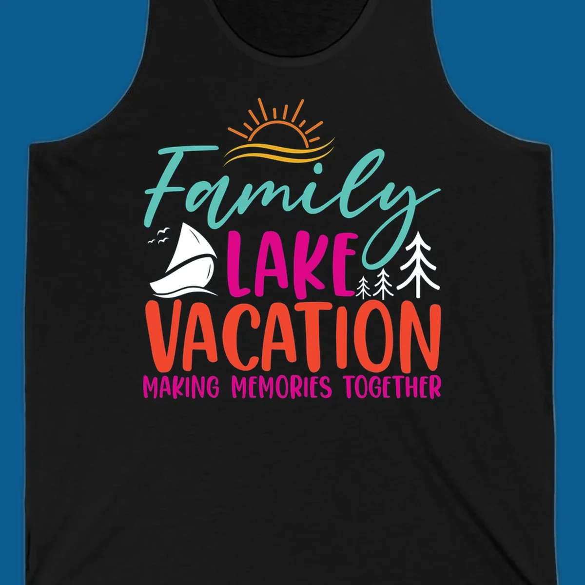 Family lake vacation text with sailboat and sun illustration.