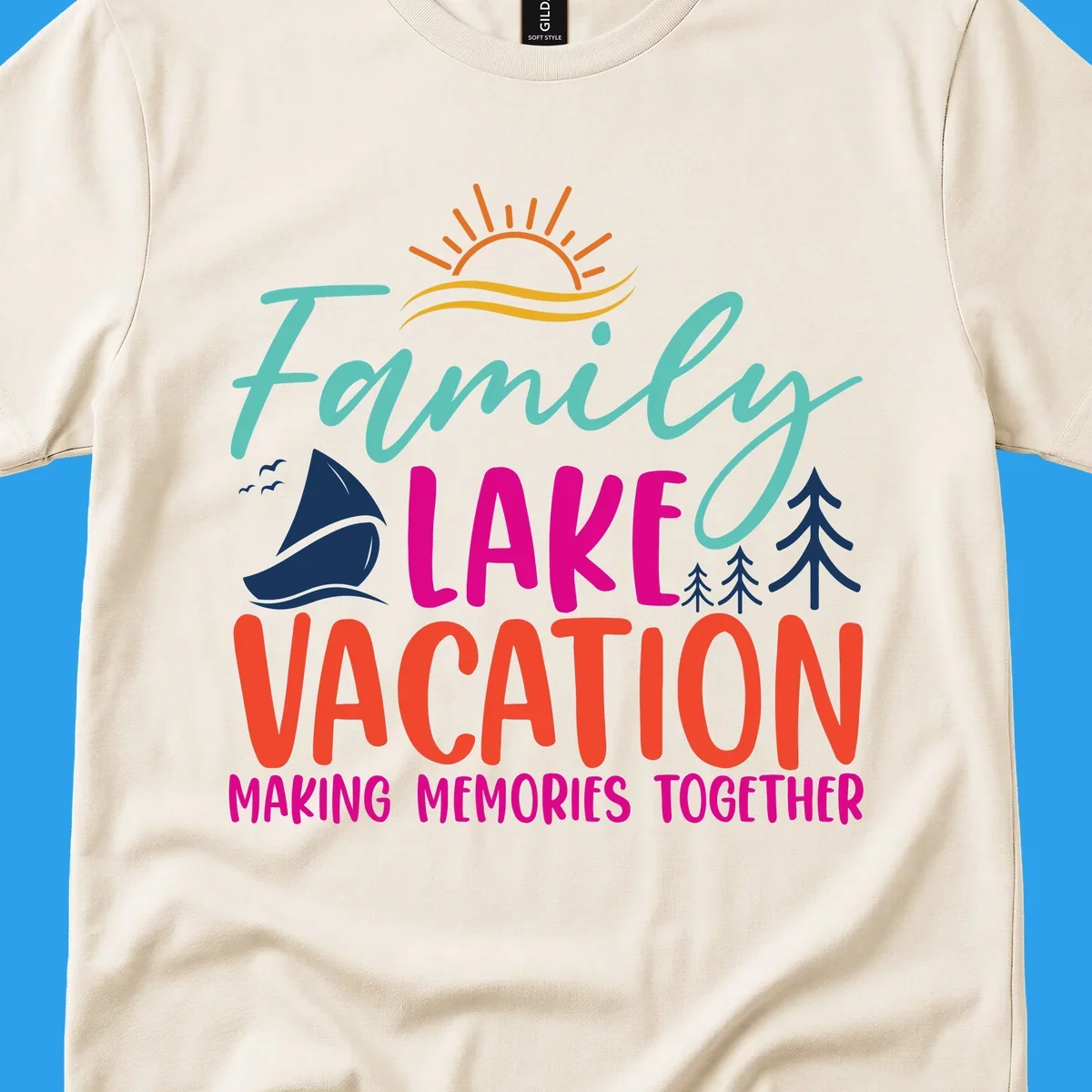 Family lake vacation text with sailboat and sun illustration.