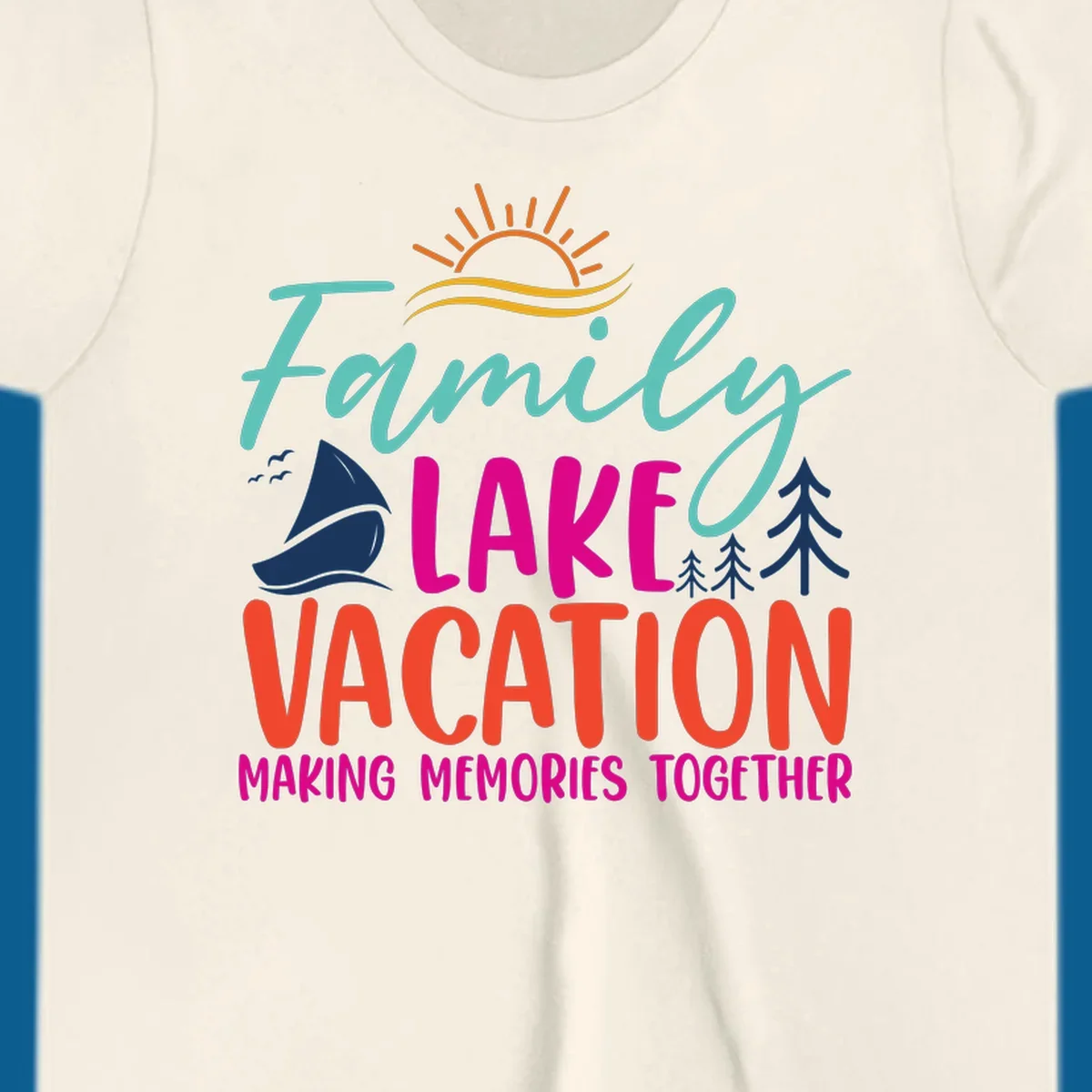 Family lake vacation text with sailboat and sun illustration.