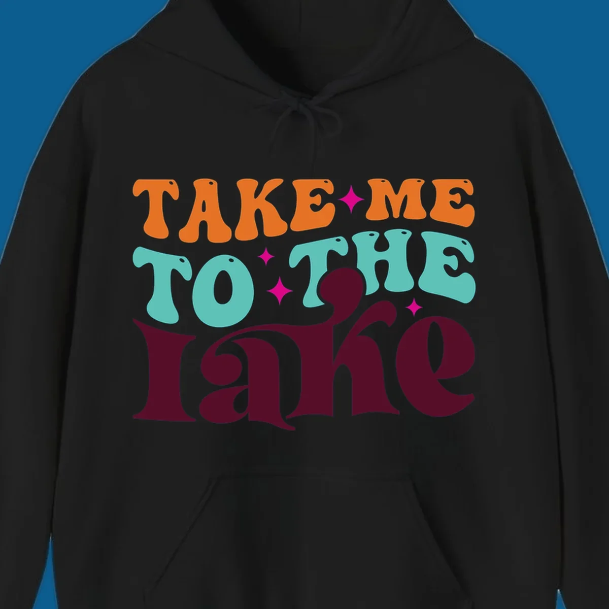 Retro typography design with the phrase 'TAKE ME TO THE lake' in orange, teal, and purple.