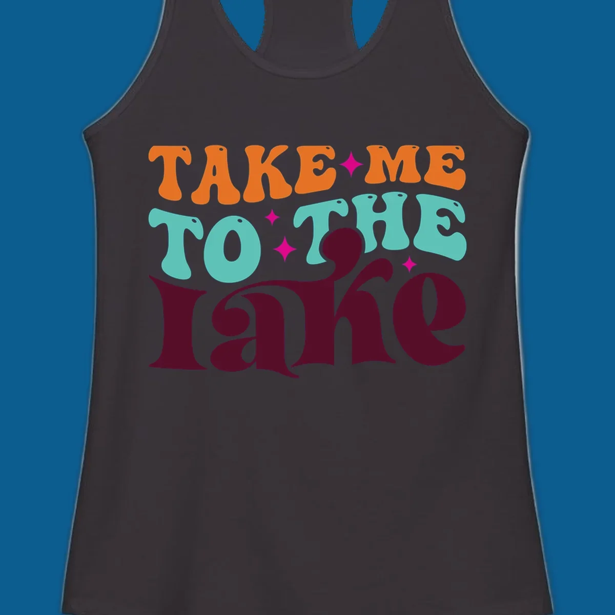 Retro typography design with the phrase 'TAKE ME TO THE lake' in orange, teal, and purple.