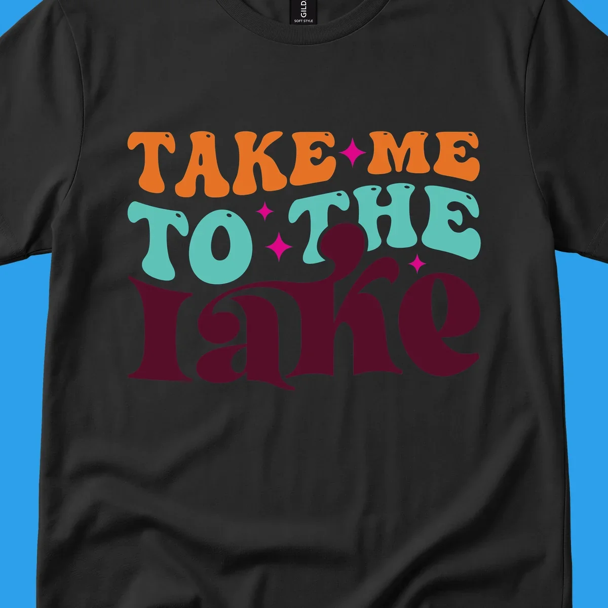 Retro typography design with the phrase 'TAKE ME TO THE lake' in orange, teal, and purple.