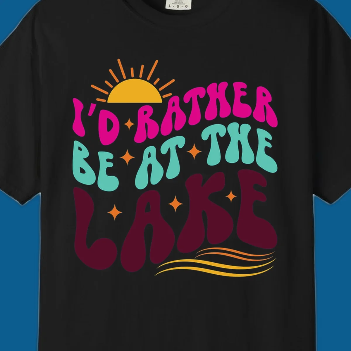 Retro 'I'd Rather Be At The Lake' text design with sun and stars. lake-life-retro