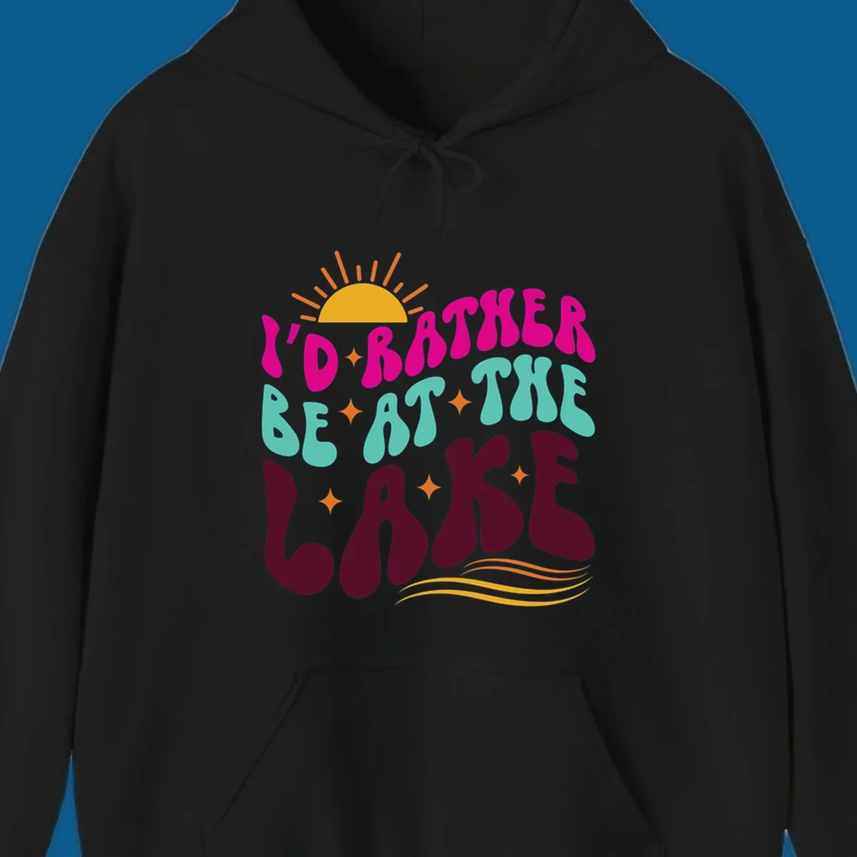 Retro 'I'd Rather Be At The Lake' text design with sun and stars. lake-life-retro