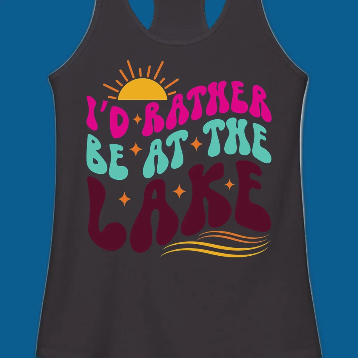 Retro 'I'd Rather Be At The Lake' text design with sun and stars. lake-life-retro