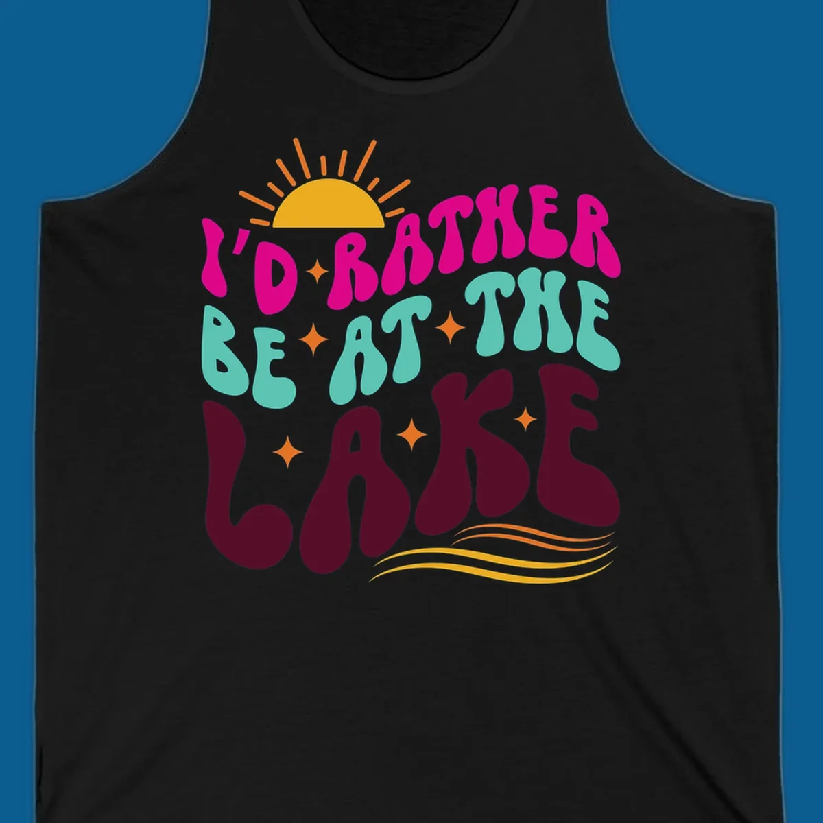 Retro 'I'd Rather Be At The Lake' text design with sun and stars. lake-life-retro