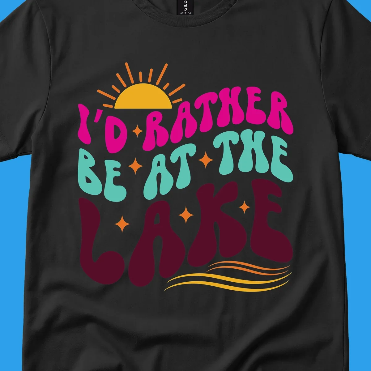 Retro 'I'd Rather Be At The Lake' text design with sun and stars. lake-life-retro