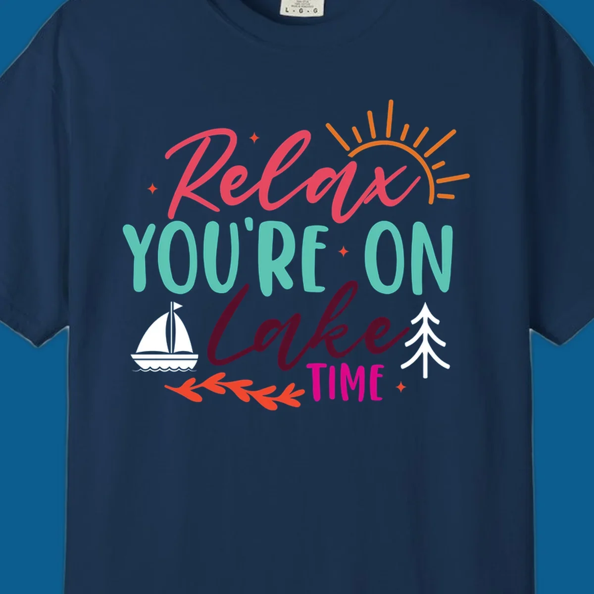 Lake time relaxation text with sailboat and sun graphic