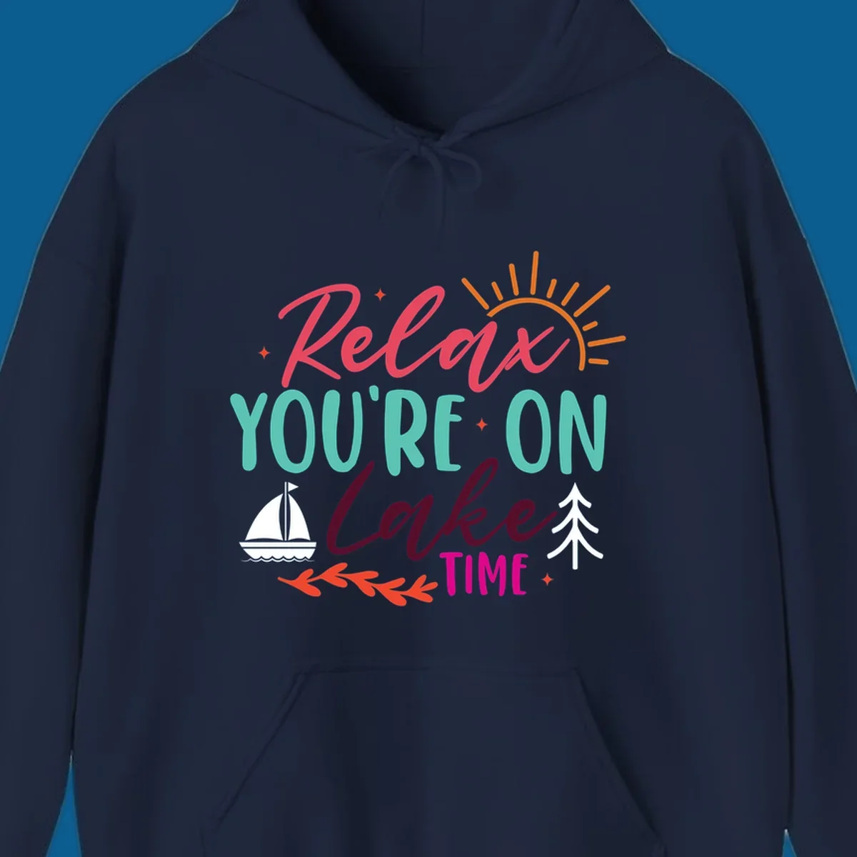 Lake time relaxation text with sailboat and sun graphic
