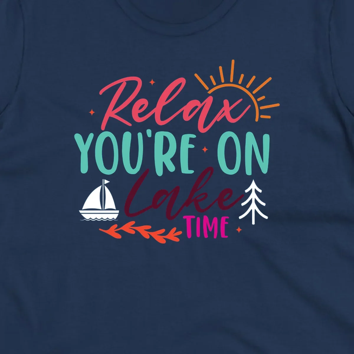 Lake time relaxation text with sailboat and sun graphic