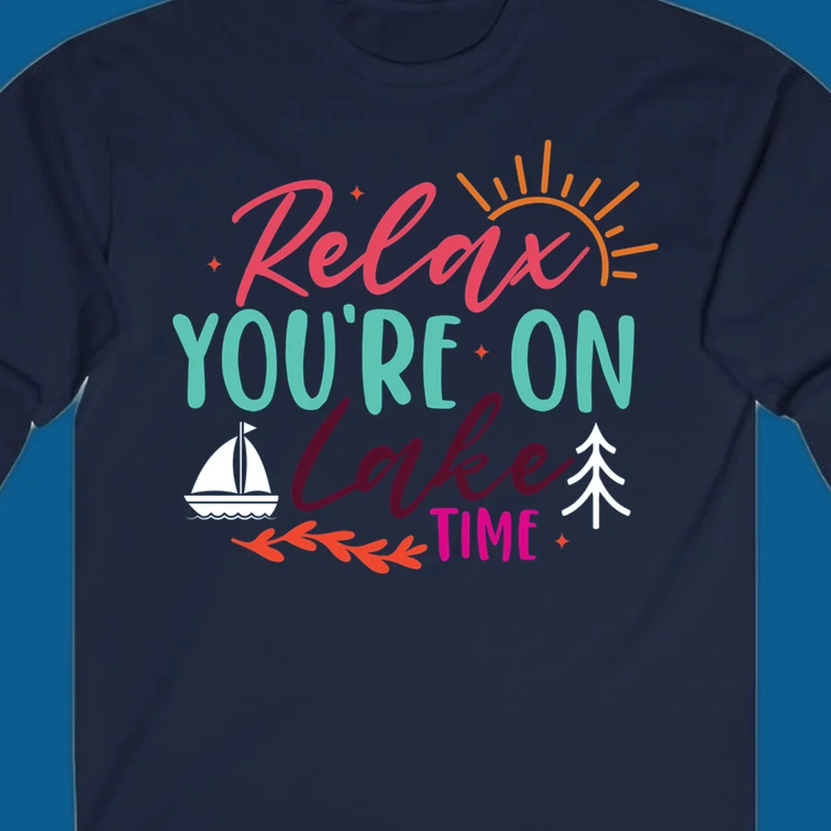 Lake time relaxation text with sailboat and sun graphic