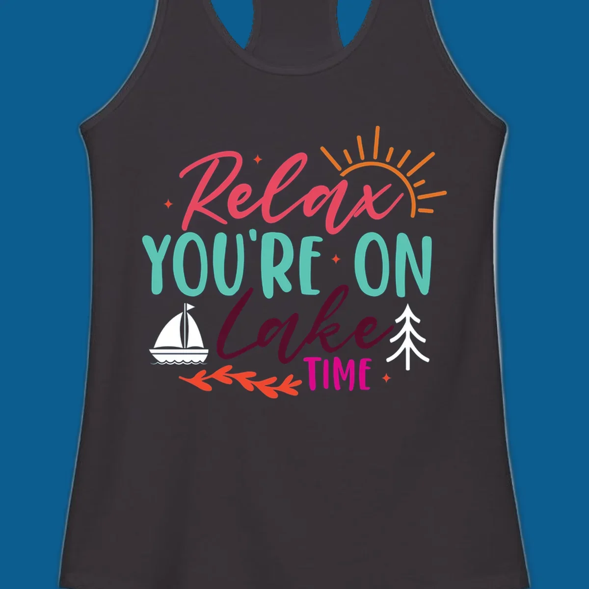 Lake time relaxation text with sailboat and sun graphic