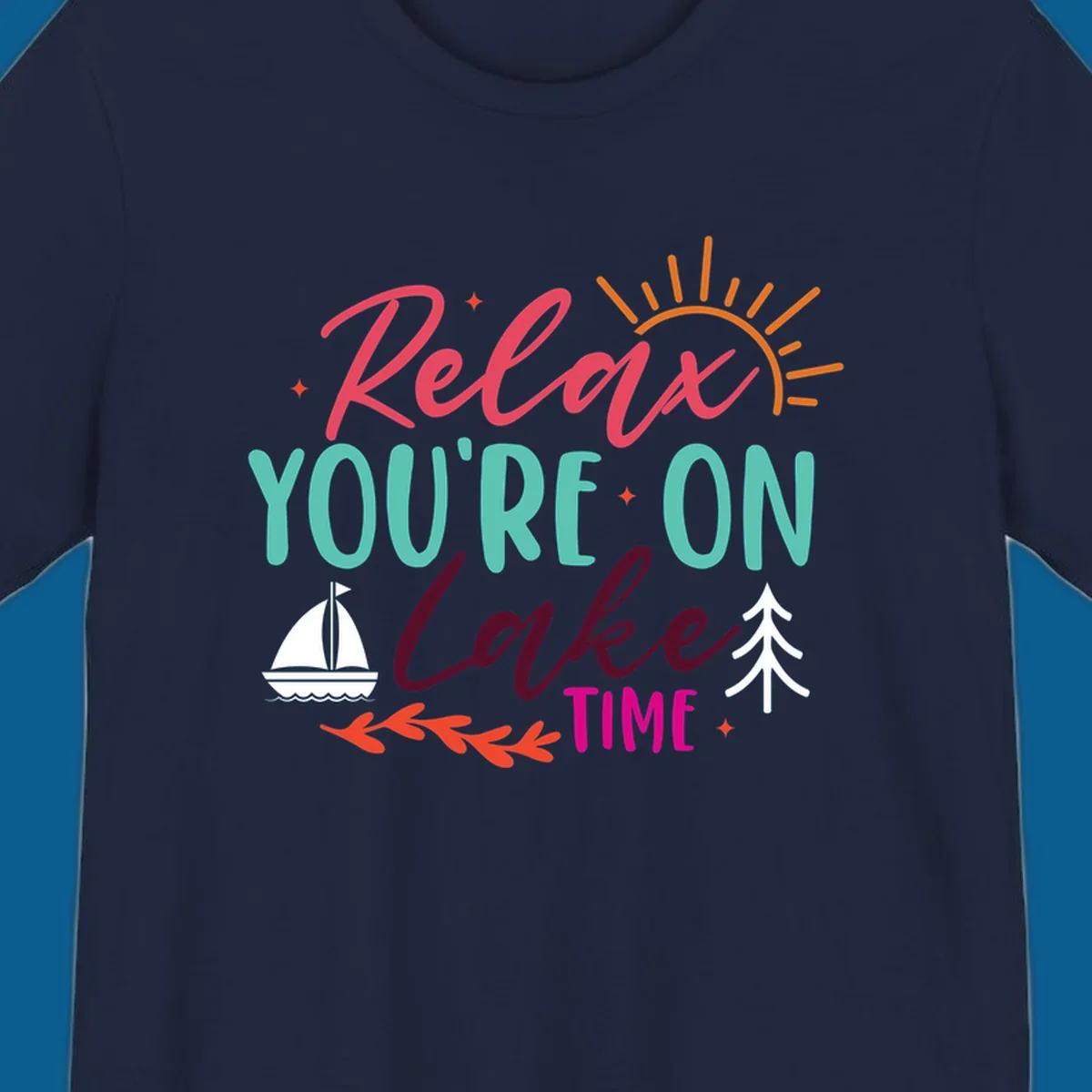 Lake time relaxation text with sailboat and sun graphic