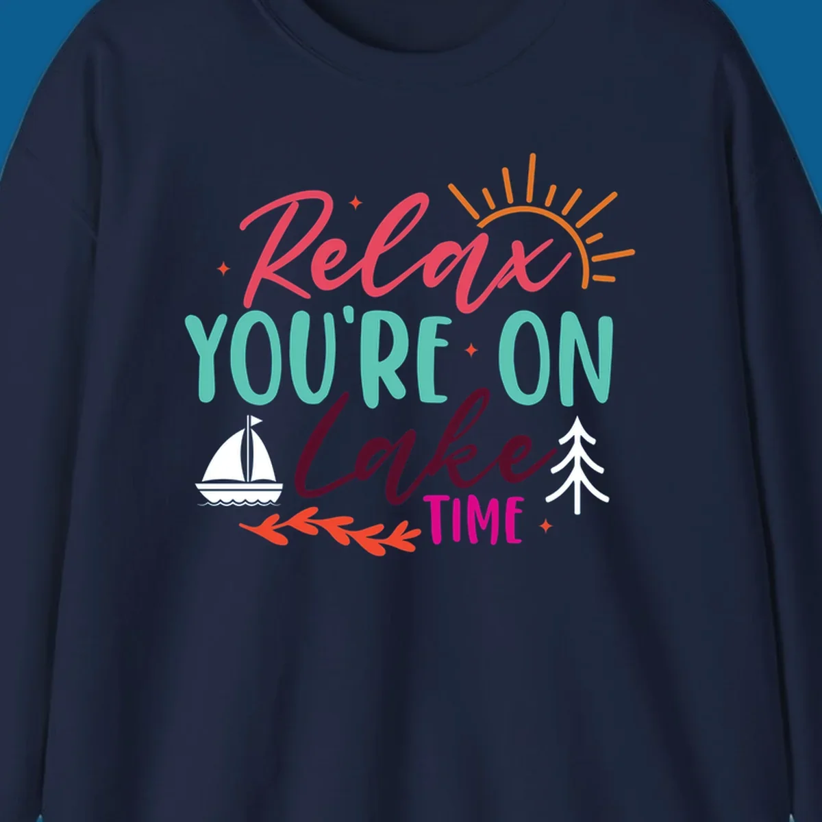 Lake time relaxation text with sailboat and sun graphic