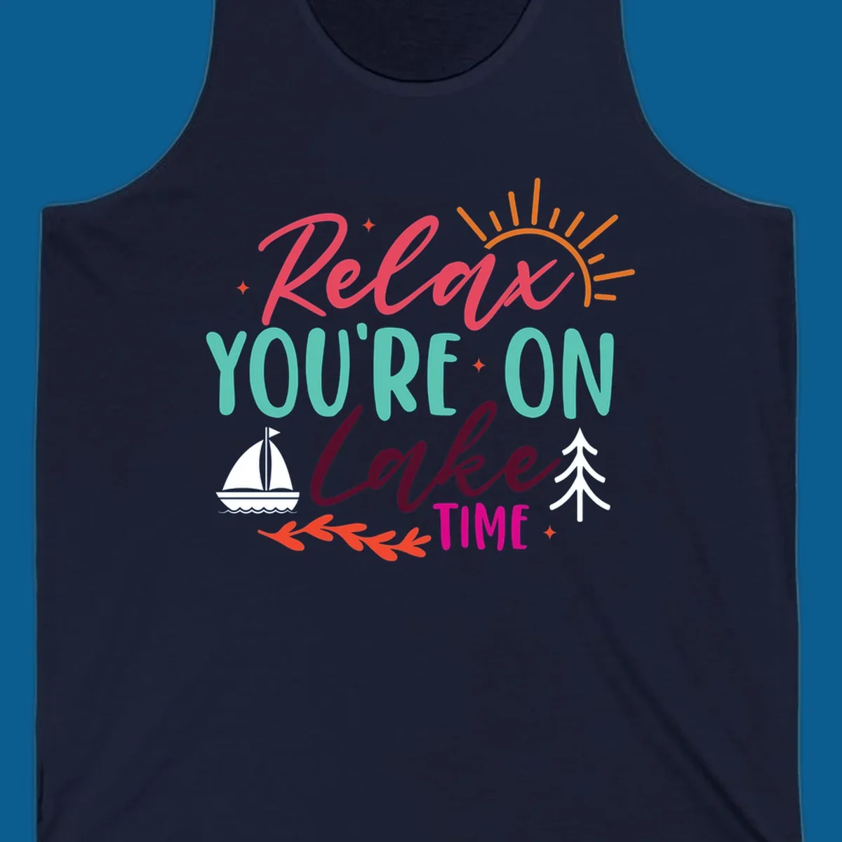 Lake time relaxation text with sailboat and sun graphic