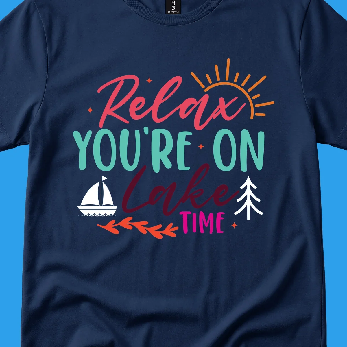 Lake time relaxation text with sailboat and sun graphic