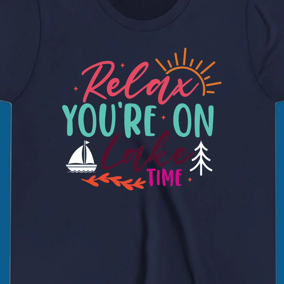 Lake time relaxation text with sailboat and sun graphic