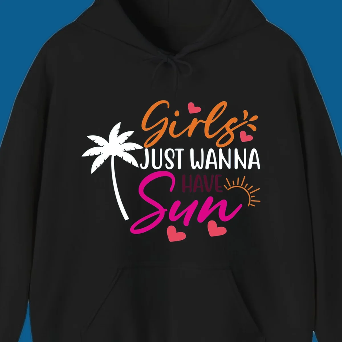 Girls just wanna have sun text with palm tree and sun graphics