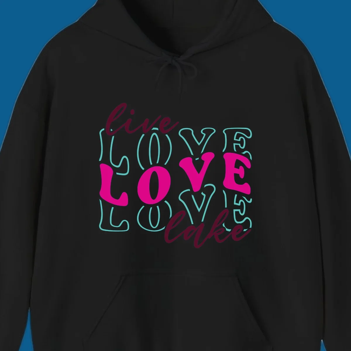 Live Love Lake typography design with retro fonts in burgundy, teal, and pink.
