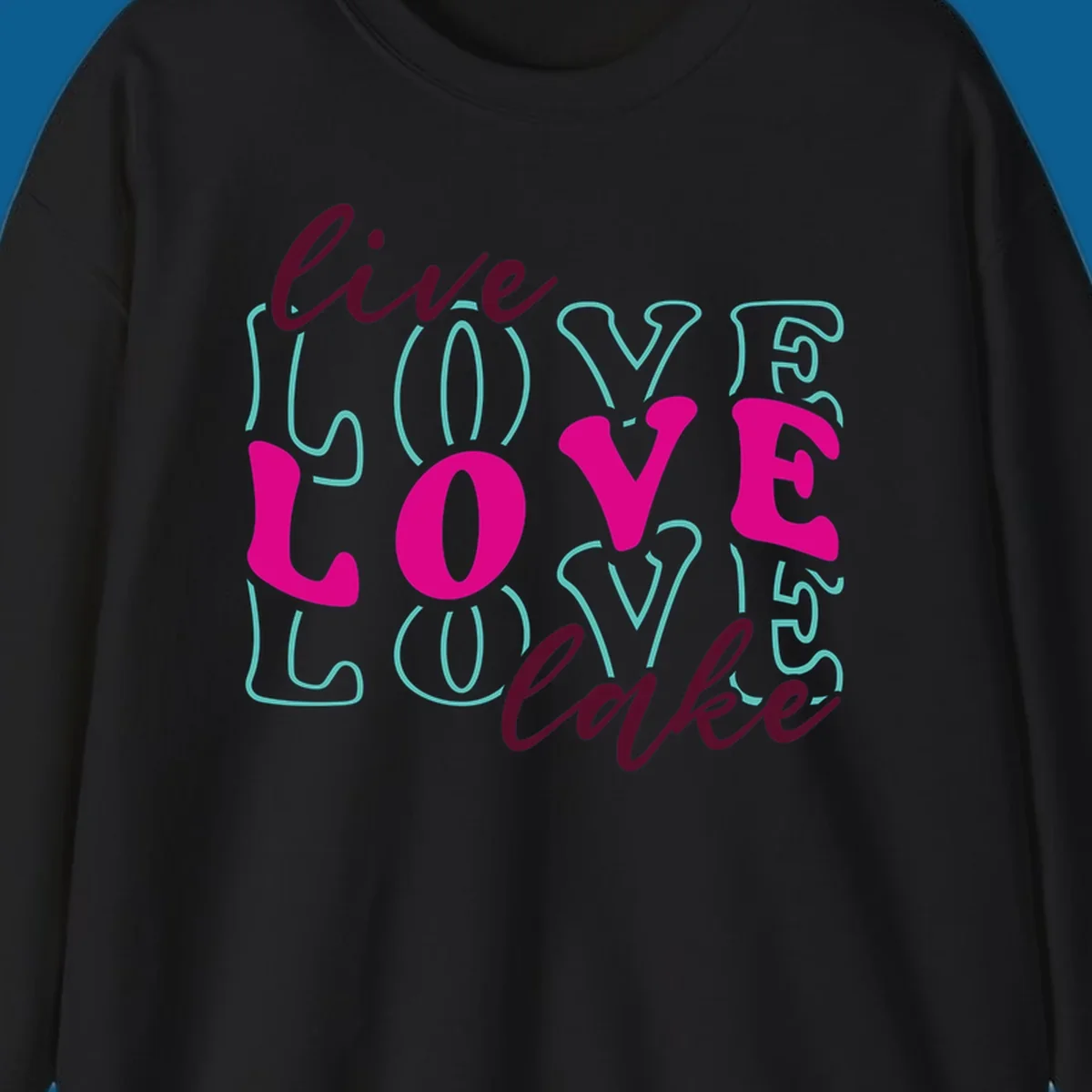 Live Love Lake typography design with retro fonts in burgundy, teal, and pink.